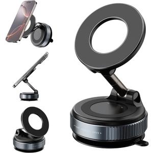 Vacuum Magnetic Car Phone Holder 360 Rotating Foldable Phone Holder for All Phones Adjustable Angle Desk & Monitor Mount for Landscape & Portrait View Strong Grip, Compact & Travel-Friendly