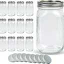 Wide Mouth Mason Jars 32 oz 12Pcs, Canning Jars with Airtight Lids and White Plastic Mason Jar Lids with Silicone Rings for Overnight Oats, Food Storage, Dry Food, Snacks, Candies and More