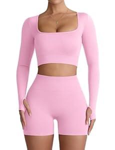 Niipty Two Piece Workout Set for Women Long Sleeve Top Matching High Waist Scrunch Butt Shorts Gym Sets Yoga Outfits - Pink S