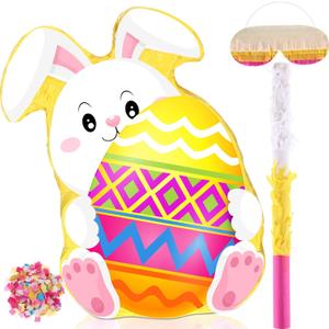 Bunny Easter Egg Piata with Blindfold, Bat and Filler, Funny Cute Bunny Party Favors for Cute Bunny Easter Egg Theme Kids and Adults Party Supplies Decoration (Cute)