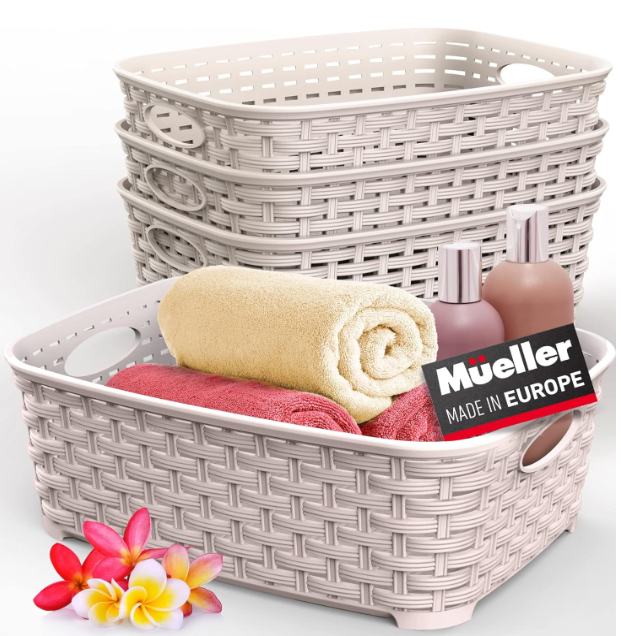 European Made Plastic Storage Bins, Heaviest Duty, Household Organizer Bins for Bathrooms, Bedrooms, Kitchens, Laundry Room, Cabinets, Shelves, 4 Pk, Beige