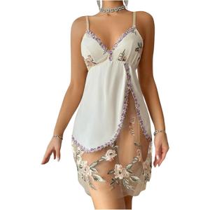 OYOANGLE Women's Floral Embroidery Spaghetti Strap Mesh Sleep Dress V Neck Split Hem Mini Cami Nightgown