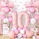 Pink Bow 10th Birthday Decorations for Girls, Light Pink White Latex Balloons with Bow Print Balloons Heart Foil Balloon and Number 10 Balloon for Girl 10th Birthday Party