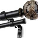 1 Inch Double Curtain Rods 66 to 120 Inches (5.5-10ft), USFOOK Black Drapery Rods for Windows 69 to 111 Inches, Telescoping Dual Curtain Rod with Woven Leaf Finials