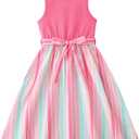 Hilinker Girls Rainbow Sleeveless Pleated Dress Summer Tie Knot Tank Dresses with Belt Pink Multicolor, 7-8 Year