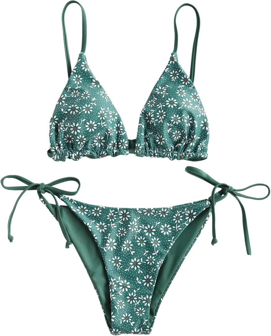 ZAFUL Women's Triangle Bikini Floral String Bikini Set Two Piece Swimsuit Bathing Suits (Medium, 2-greenish Blue)