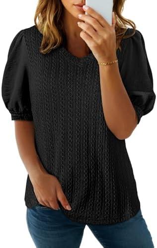 SHEWIN Women's Summer Tops V Neck Casual Puff Short Sleeve Textured T Shirts Blouses Small