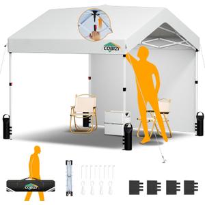 COBIZI Canopy Tent 10x10 Pop Up Canopy with One Button Push Center Lock, Portable Carport with 1 sidewall, 10x10 Carport Canopy for Parties, Commercial, Events, Waterproof, UPF 50+, White