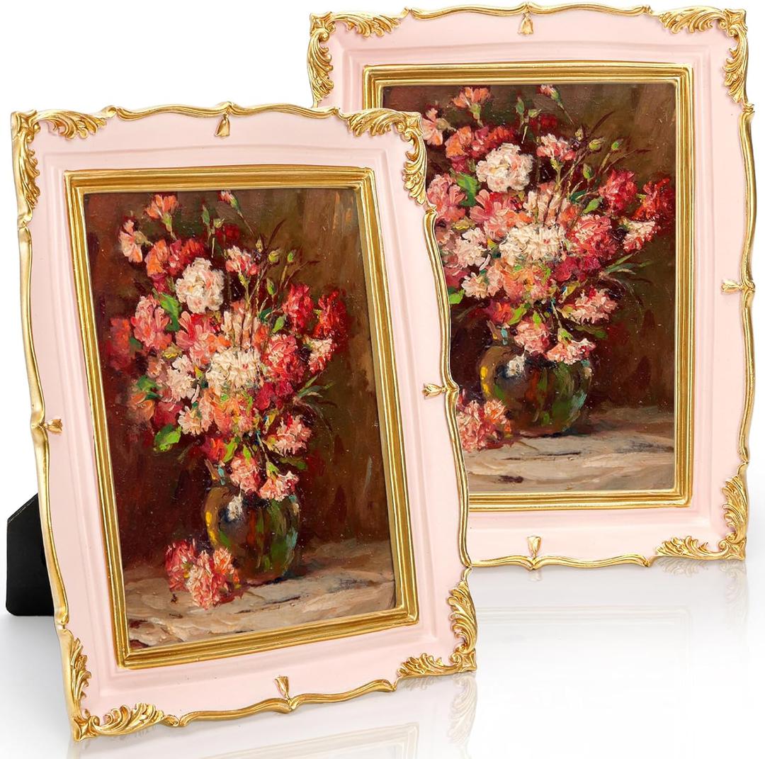 Covzoe 2 Pack 5x7 Vintage Picture Frame, Antique Pink Photo Frame with Gold Trim, Fancy Display Frames for Tabletop or Wall Decor, Horizontal or Vertical