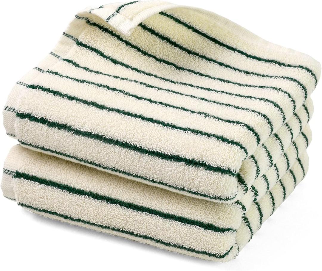 Jacquotha Green Striped Hand Towels for Kitchen, Vintage Bathroom Decor, Natural Cotton Tea Towel, 14 x 29