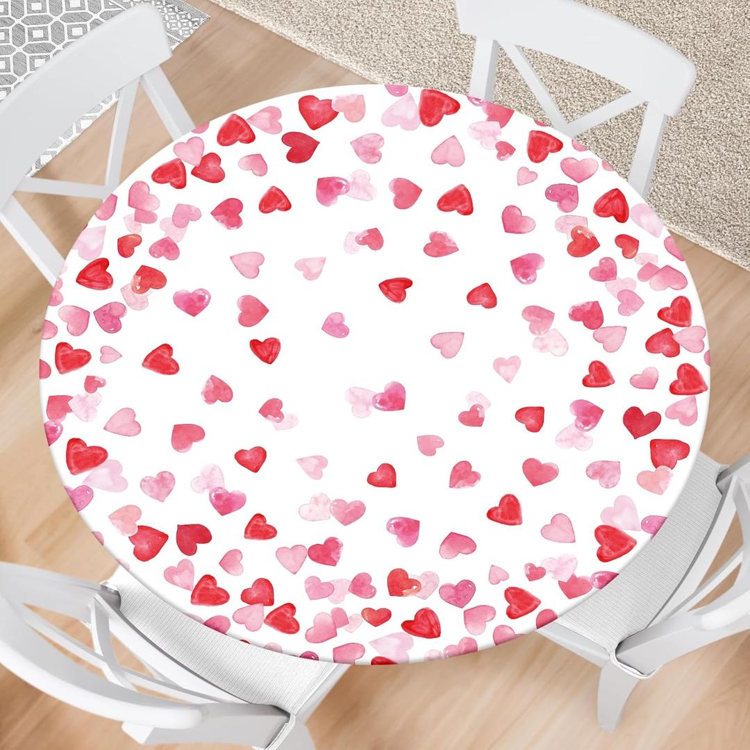 Valentine's Day Round Fitted Tablecloth with Elastic Red Pink Hearts Outdoor Tablecloth Waterproof Table Cover for Picnic Dinner Party Decor Fits 36"-40" Diameter Round Tables