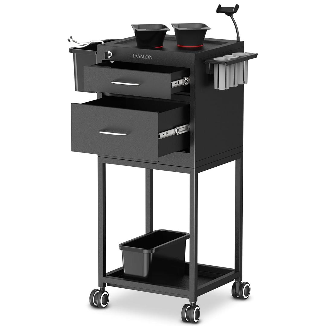 TASALON Salon Trolley Cart with Wheels, 2 Magnetic Bowls & Drawers | Mobile Hair Stylist Station for Tools Storage, Rolling Organizer Cart for Barber & Tattoo Supplies - Balck (Black)