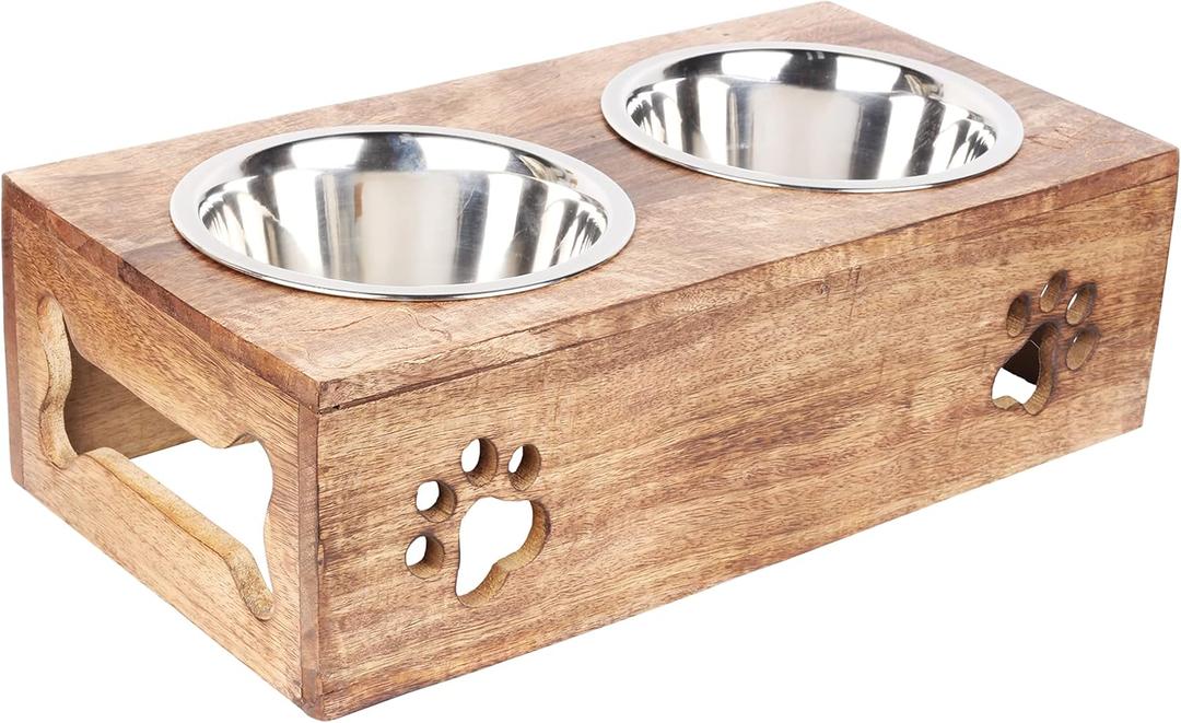 Paw Design Wooden Pet Feeder Station Stand with 2 Stainless Steel Bowls | Raised Dog Bowl Elevated Cat & Puppy Dining Table | 16 x 8.5 x 5 Inches