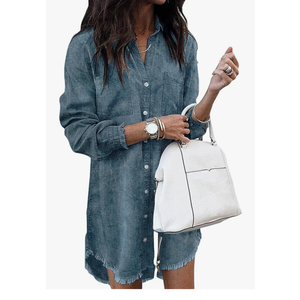 Zilcremo Women Denim Shirt Dresses Long Sleeve Distressed Jean Dress Button Down Casual Tunic Top, 2XL