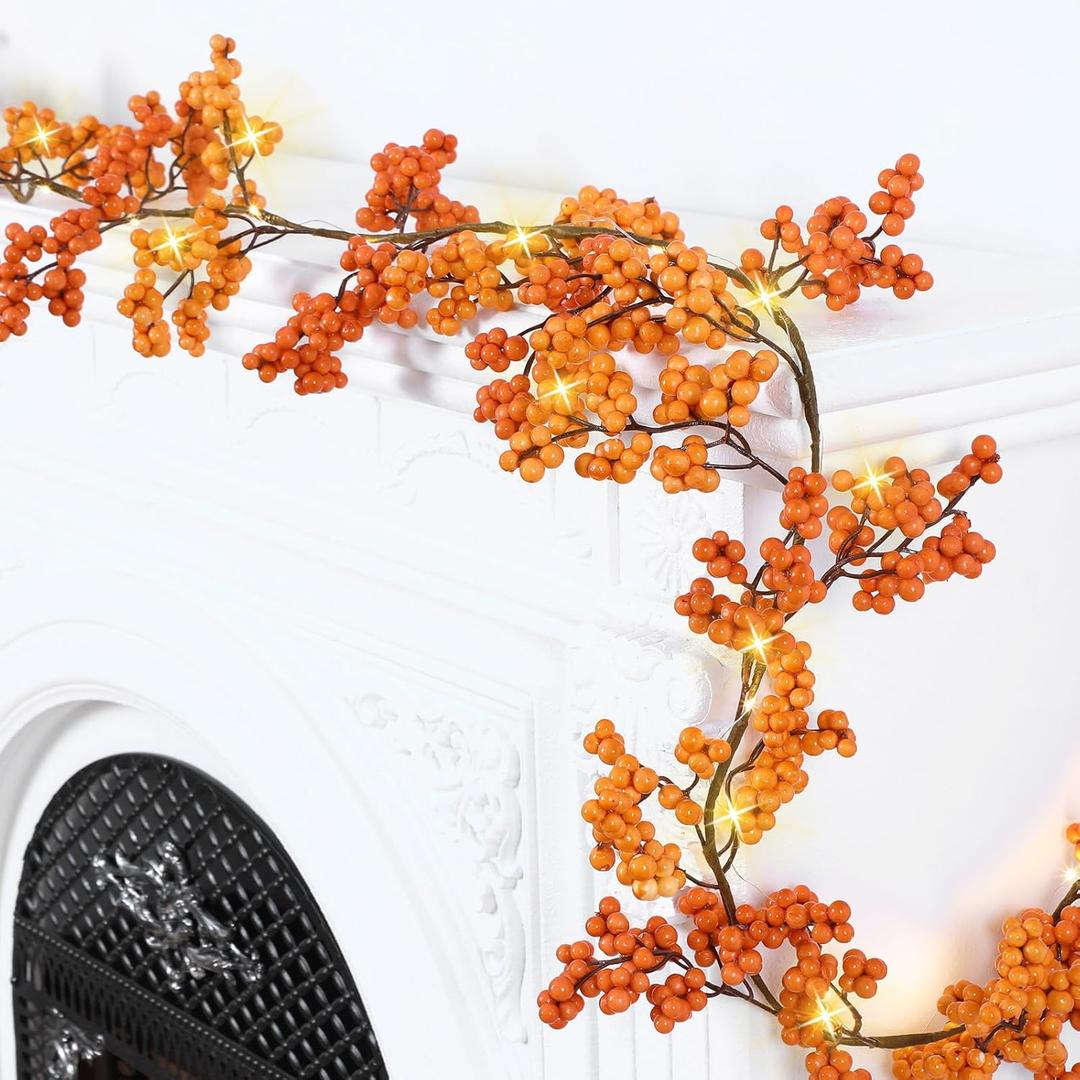 Syhood 2 Pcs Valentines Garland with Lights 12 ft Artificial Orange Garland Lighted Two-Tone Valentines Berry Vine Strings Battery Operated for Valentine's Day Decors Wedding Indoor Home Table Mantle