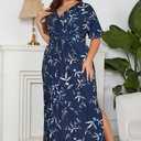 Keluummi Plus Size Wedding Guest Maxi Dresses for Curvy Women, Summer Formal Floral V Neck 3/4 Sleeve A Line Long Party Dress (Blue)