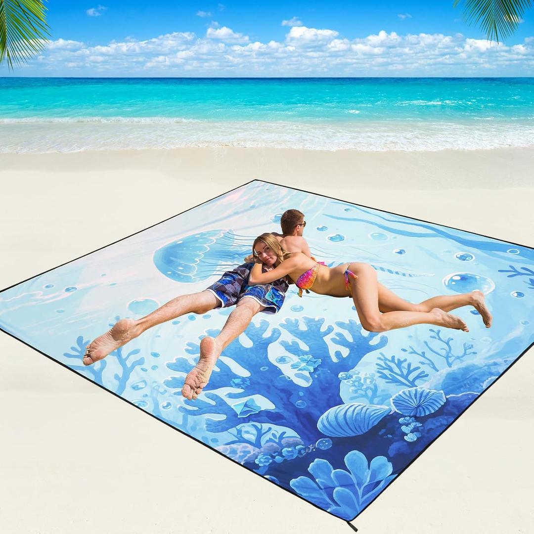Beach Blanket Waterproof Sandproof Beach Mat 79" X 83"/10'x9'for 2-8 Adults Quick Drying Outdoor Picnic Mat Beach Accessories for Travel, Camping, Hiking (3d-jellyfish)