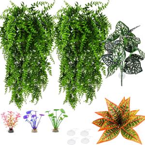 Reptile Plants for Bearded Dragon Tank Accessories, Terrarium Hanging Plants with Suction Cups for Bearded Dragon Leopard Gecko Lizard Snake Chameleon