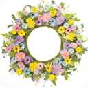 24" Front Door Wreath for Spring Summer Floral Seasonal Wreath with Colorful Flower Vibrant Artificial Daisy &Eucalyptus with Berries for Indoor & Outdoor Wall Home Decor (Pastel Multicolored)