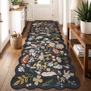 3x8 Washable Non-Slip Runner Rug for Hallway, Kitchen, Entryway, Bathroom Boho Vintage Floral Wide Carpet Runner with Scalloped Soft, Low-Pile, Thin (Black,3x8)