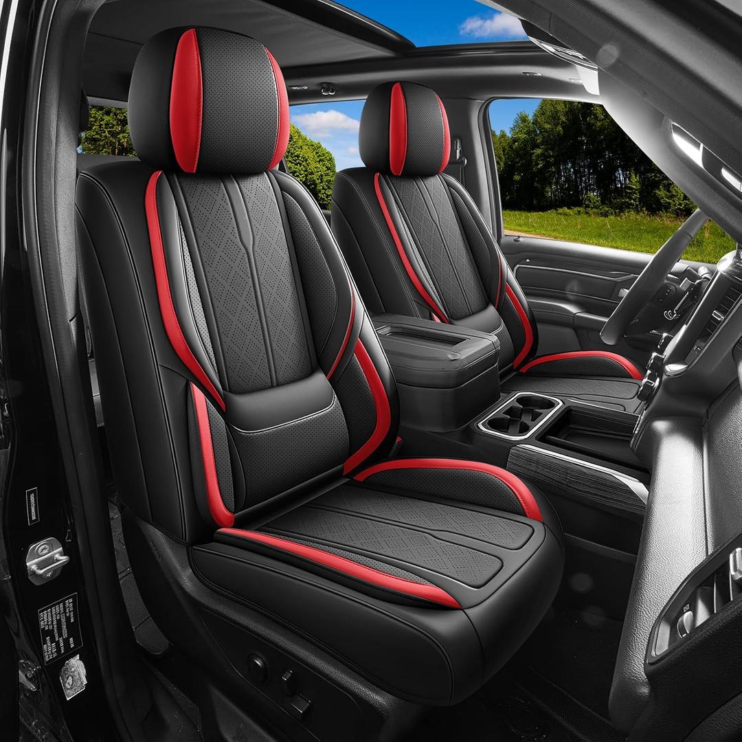 AOOG F150 Seat Covers Custom Fit for Ford F150 2009-2026 Faux Leather Seat Cover Set Compatible with Regular Cab Super Cab Super Crew Pickup Truck Seat Cushions (Black & Red, Front Seat Only)