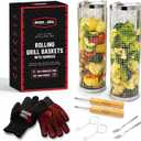 AVIEUS Grill Rolling Grill Basket | Rolling Grilling Baskets for Outdoor Grilling 2 Pcs | Barbecue Grill Set with BBQ Gloves | Portable Camping Net Rack Perfect for Vegetables, Seafood & Meat