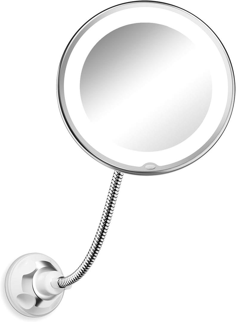 10x Magnifying Mirror with Light, Flexible Gooseneck Make up Mirror with Lights and Magnification, Battery Operated Cordless Magnified Mirror with Suction Cups for Wall Bathroom