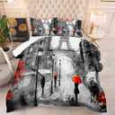 kxry Paris Comforter Set Grey Eiffel Tower Quilt Bedding Queen Size French Style Red Umbrella for Women Girls 1 Comforter + 2 Pillow Cases