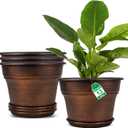 Plant Planters Pots Set of 4 Pack 13 InchLarge Plastic Flower Pot for Indoor Plants with Drainage Holes & Trays, Resin Decorative Container Sets with Saucer for House Outdoor Garden Plant Copper