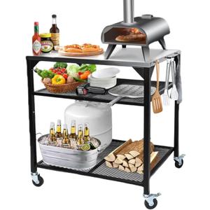 Pizza Oven Table for Ninja Woodfire, Blackstone, Cuisinart, 32x24 Inch Stainless Steel Outdoor Grill Prep Cart with Hooks, Portable Food Station