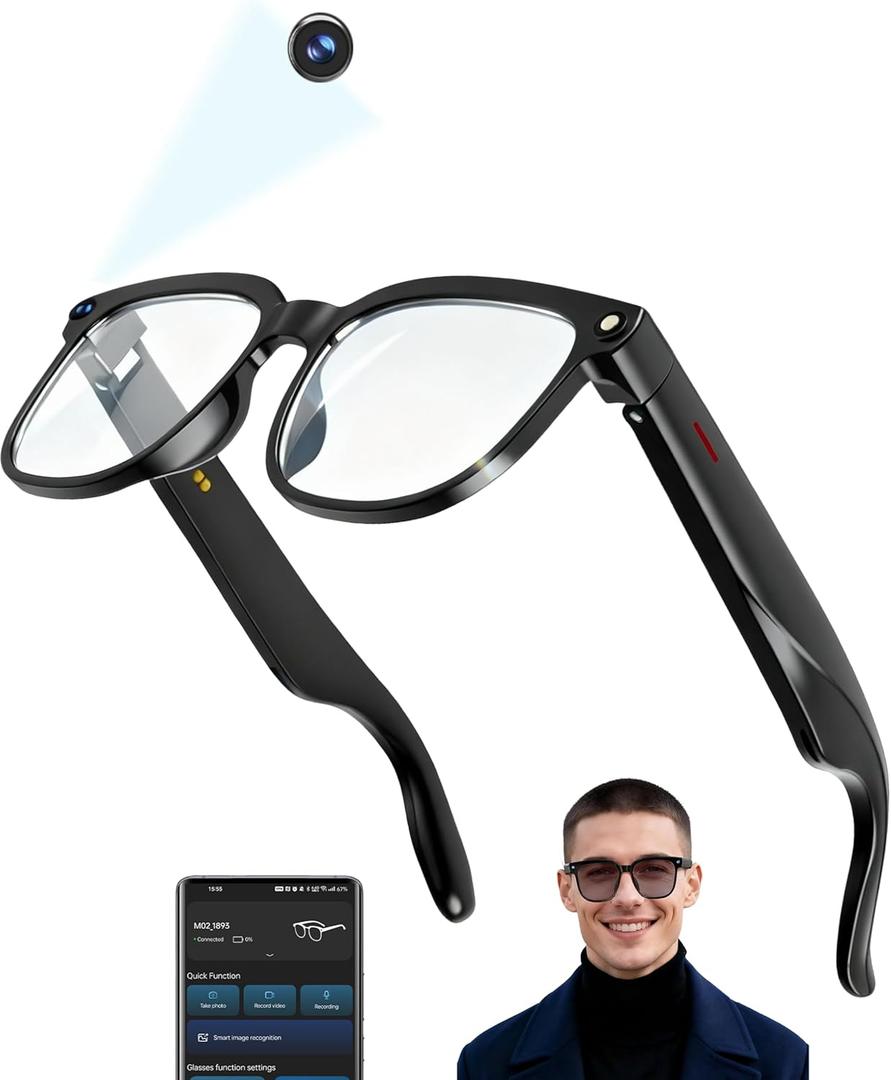 AI Smart Glasses with 4K Camera/Video Recording/Bluetooth for Men & Women/Hands-Free Recording Glasses with Audio, AI-Powered Wearable Tech/First-Person Camera/Travel/Business/Sports/Drive
