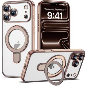Compatible with iPhone 17 Pro Case with Invisible Magnetic Ring Stand [Compatible with Mag-Safe] [Full Camera Lens Protector] Plating Clear Phone Case for iPhone 17 Pro 6.3", Desert Gold