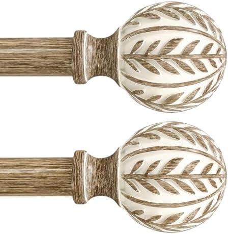 QDWIS 2 Pack Boho Wood Curtain Rods for Windows 66 to 120 inch,1" Adjustable Heavy Duty Window Curtain Rod with Imitation Wood Grain Finials,Rustic Decorative Drapery Rods Set 36-120'',Weathered Wood