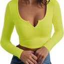 Artfish Women's Long Sleeve Scoop Neck V Notch Ribbed Slim Fitted Casual Basic Crop Top (Lime Neon Green, Small)