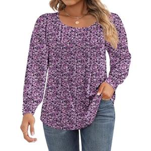 Ficerd Women's Plus Size Puff Long Sleeve Tops Pleated Crew Neck Tunic Shirts Dressy Loose Blouses T-Shirts Size XL
