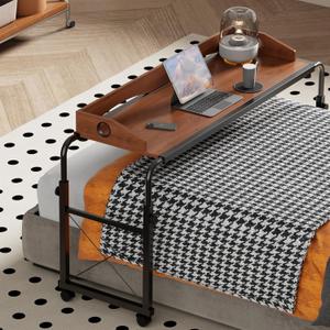 Overbed Table with Wheels, Overbed Desk with Adjustable Length and Height, Rolling Over Bed Desk, Queen Over The Bed Table on Wheels, Heavy Duty Laptop Table for Hospital and Home (1.2M, Oaken)
