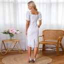 Cololura Elegant Sexy Floral Lace Short Sleeve Off Shoulder Evening Gown Party Formal Bodycon Midi Dress (White, M)
