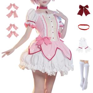 COLSA Women Girls Pink Dress Cosplay Costume Anime Uniform Skirt Halloween Outfits with Gloves Socks (Pink, M)
