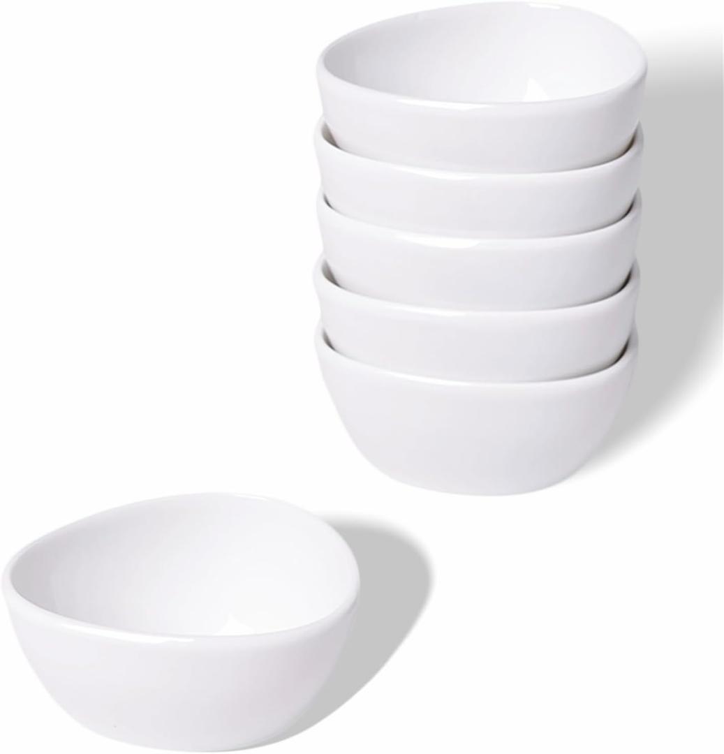 LEETOYI Mini Ceramic Ramekins Souffle Dishes 1.5 OZ, Small Dipping Bowls, Sauce Dip Bowls for Kitchen Serving Sauce Condiments, Oven & Microwave Safe, Set of 6, White