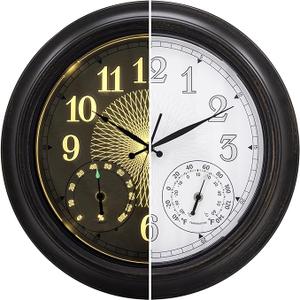 18 Inch Illuminated Indoor Outdoor Clock Waterproof with Thermometer Hygrometer Smart Sensor Large Black Metal Wall Clocks Battery Operated for Patio, Garden, Living Room, Bedroom, Pool, Porch