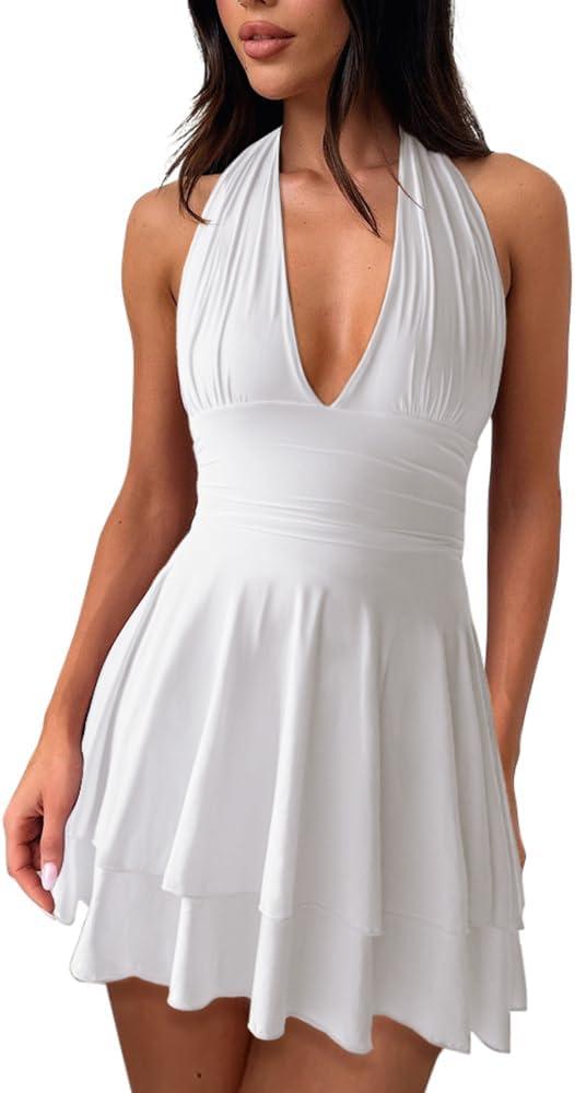Women's Halter Deep V Neck A-line Mini Dress Ruched Waist Short Party Dresses (White), XL