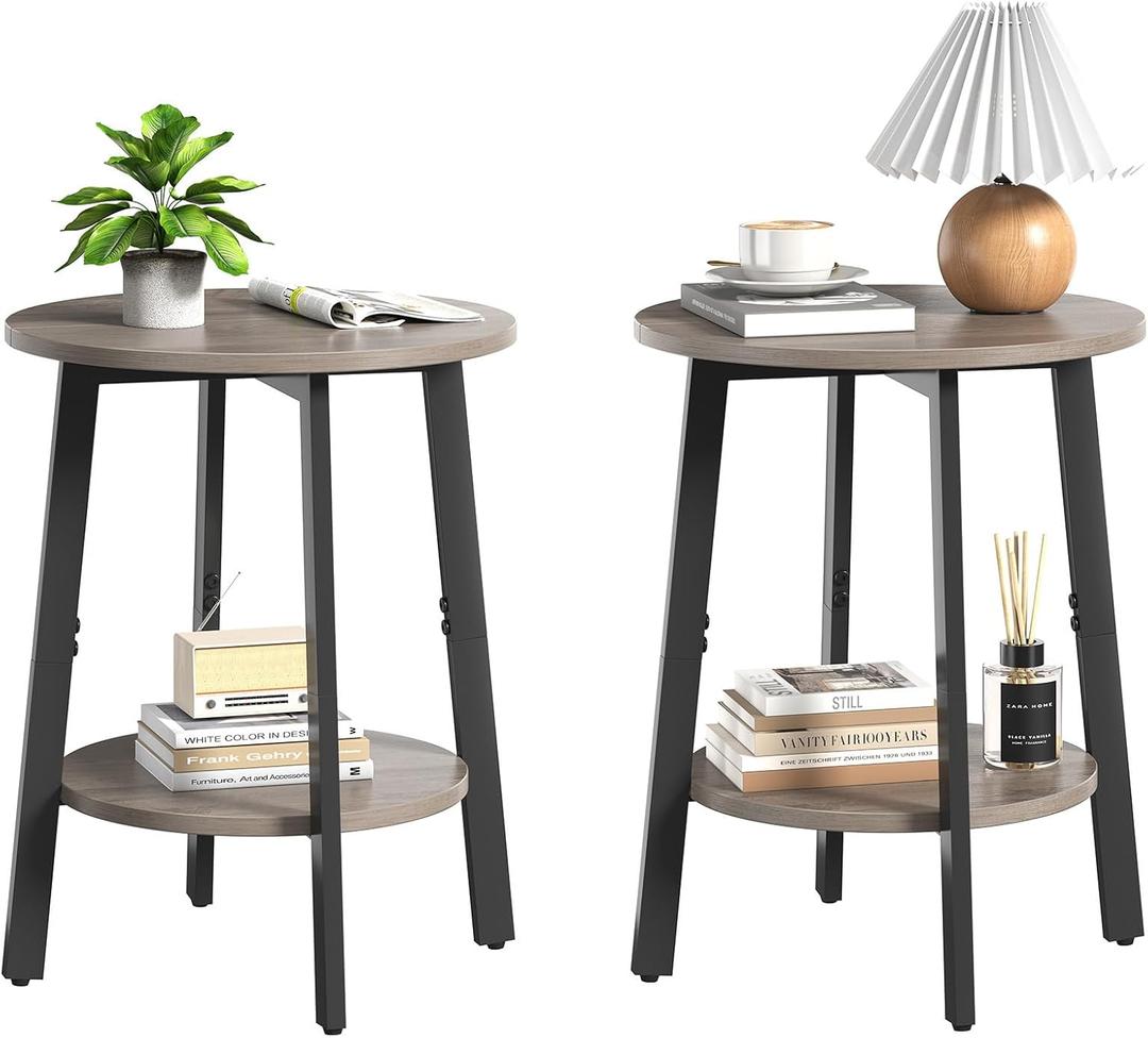 Side Table Set of 2, Small Round End Table with Storage Shelf for Small Space, 2-Tier Bedside Table Sofa Couch Table, Nighstands Set of 2 Accent Table for Living Room, Bedroom, Grey