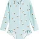 LIZENS Girls' One-Piece Swimwear Rash Guard Swimsuit Zipper Bathing Suits Long Sleeve Ruffle Girl Full Cover Flower Print (3-4T)