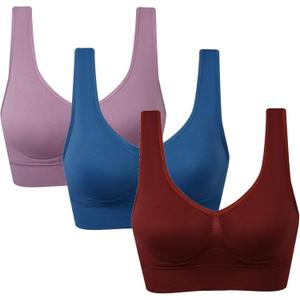 Vermilion Bird Women's 3 Pack Seamless Comfortable Sports Bra with Removable Pads (3 Pack: Ink Blue Orchid Truffle)