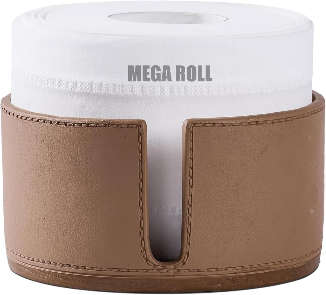 Brown Leather and Wood Textures Toilet Paper Holder Stand for Bathroom Countertop or Floating Shelves, Toilet Top Decorative Roll Organizer Mega Roll 5.5 Inches or Less, Free Standing Mega Roll Storage