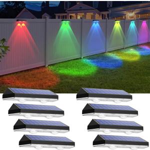 Solar Fence Lights Outdoor - Warm White & RGB 6 Color, Dusk to Dawn Solar Deck Light, Solar Lights Outdoor IP65 Waterproof, Garden Lights for Outside/ Backyard/ Railing/ Step/ Patio/ Wall (8 Pack)