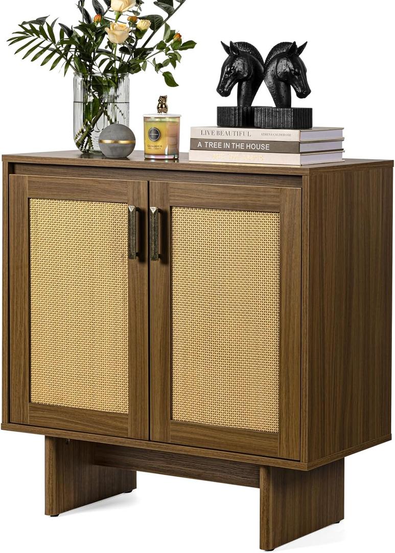 Mid-Century Accent Storage Cabinet with 2 Rattan Doors, 30'' Buffet Table Console for Kitchen, Entryway, Living Room, Smoked Yellow Oak