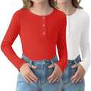 Arshiner 2 Pack Girls Long Sleeve Henley T Shirts Button Down Slim Fit Tops Round Neck Ribbed Knit Shirts M