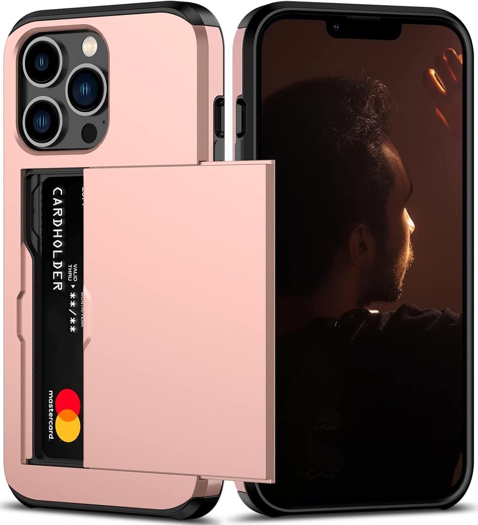Nvollnoe for iPhone 13 Pro Case with Card Holder Heavy Duty Protective Dual Layer Shockproof Hidden Card Slot Slim Wallet Case for iPhone 13 Pro for Men&Women(Rose Gold)
