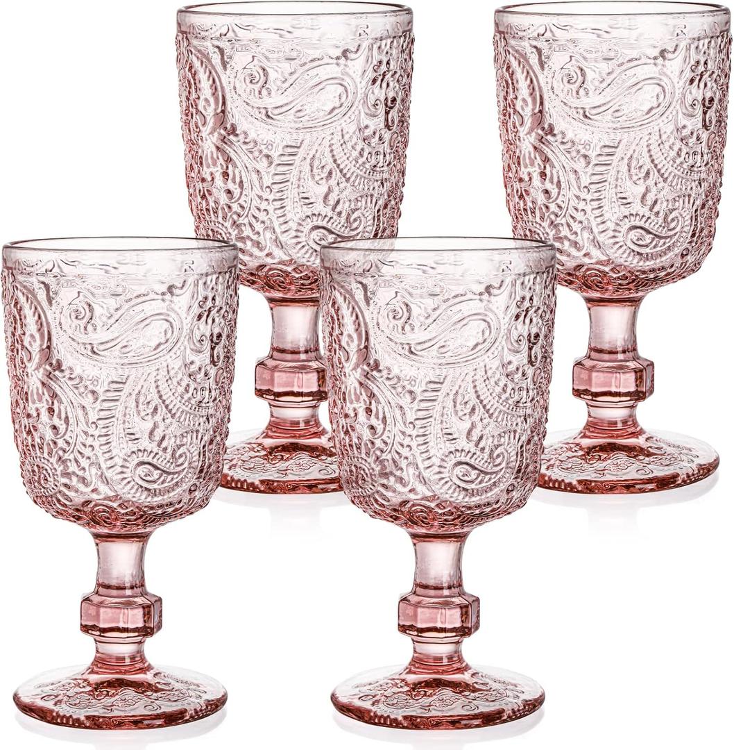 Tebery 4 Pack Pink Glass Wine Goblet Vintage, 10oz Colored Beverage Stemmed Glass Cups, Embossed Design Glassware Set for Water, Juice, Wine,Beer and Cocktails